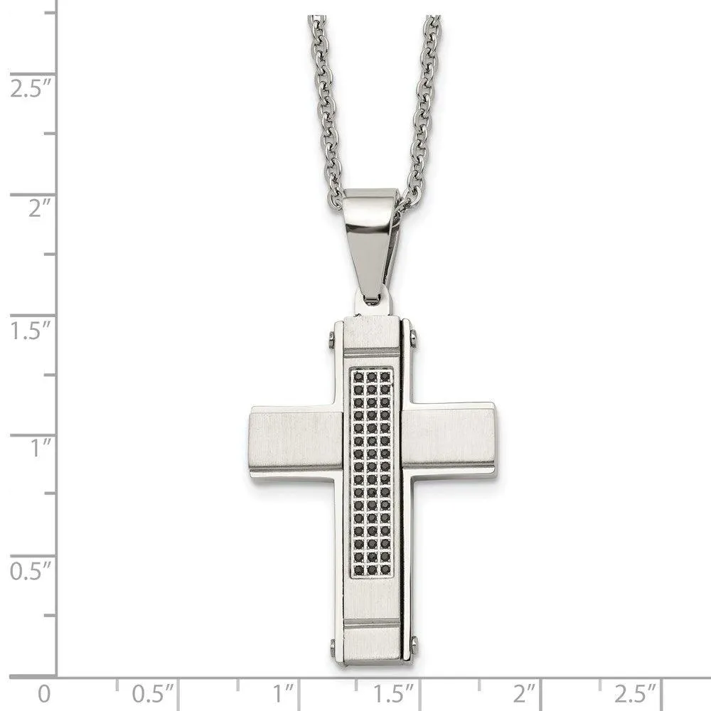 Stainless Steel Brushed and Polished w/ Black CZ Cross Necklace