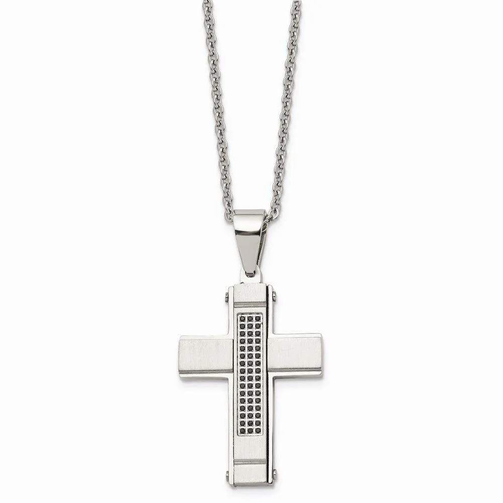 Stainless Steel Brushed and Polished w/ Black CZ Cross Necklace