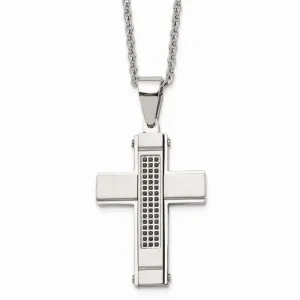 Stainless Steel Brushed and Polished w/ Black CZ Cross Necklace
