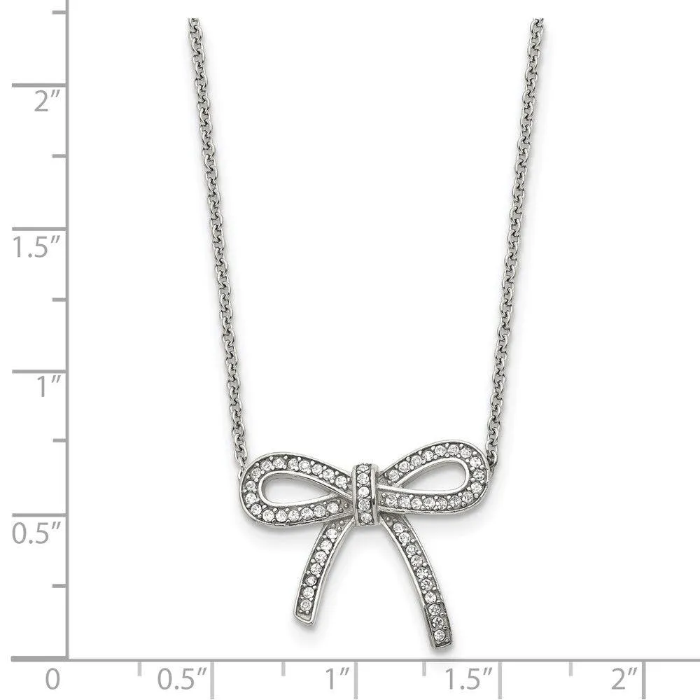 Stainless Steel Crystal Polished Bow with 1.75in ext. Necklace
