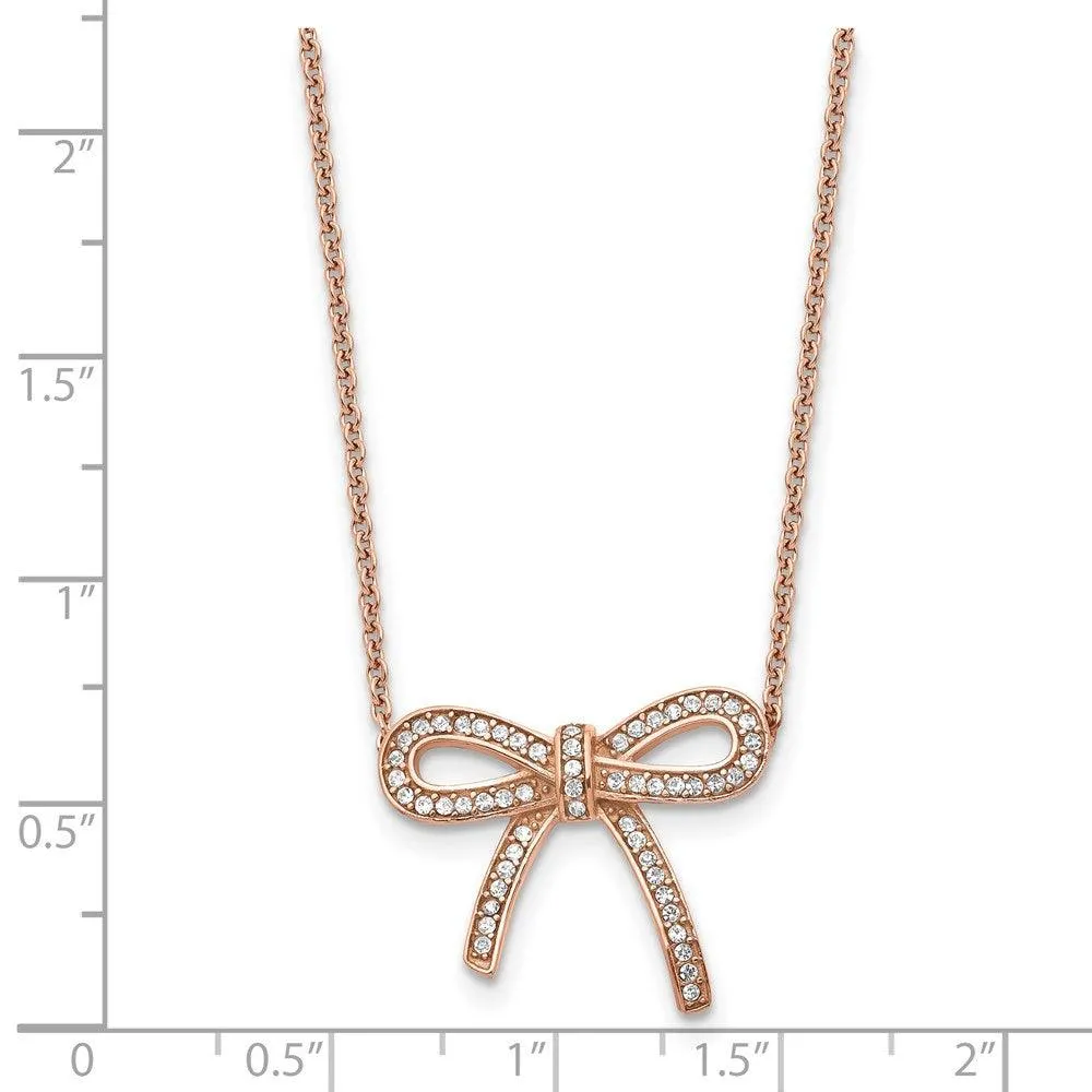 Stainless Steel Crystal Polished Pink IP plated Bow with 1.75in ext. Neckl