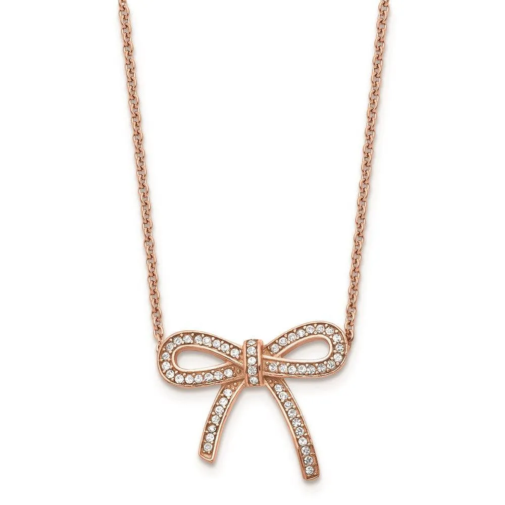 Stainless Steel Crystal Polished Pink IP plated Bow with 1.75in ext. Neckl