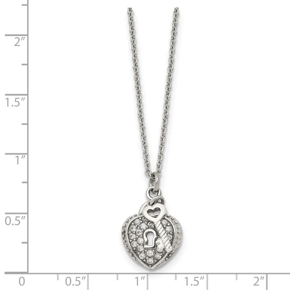 Stainless Steel CZ Heart Lock and Key Pendant Necklace