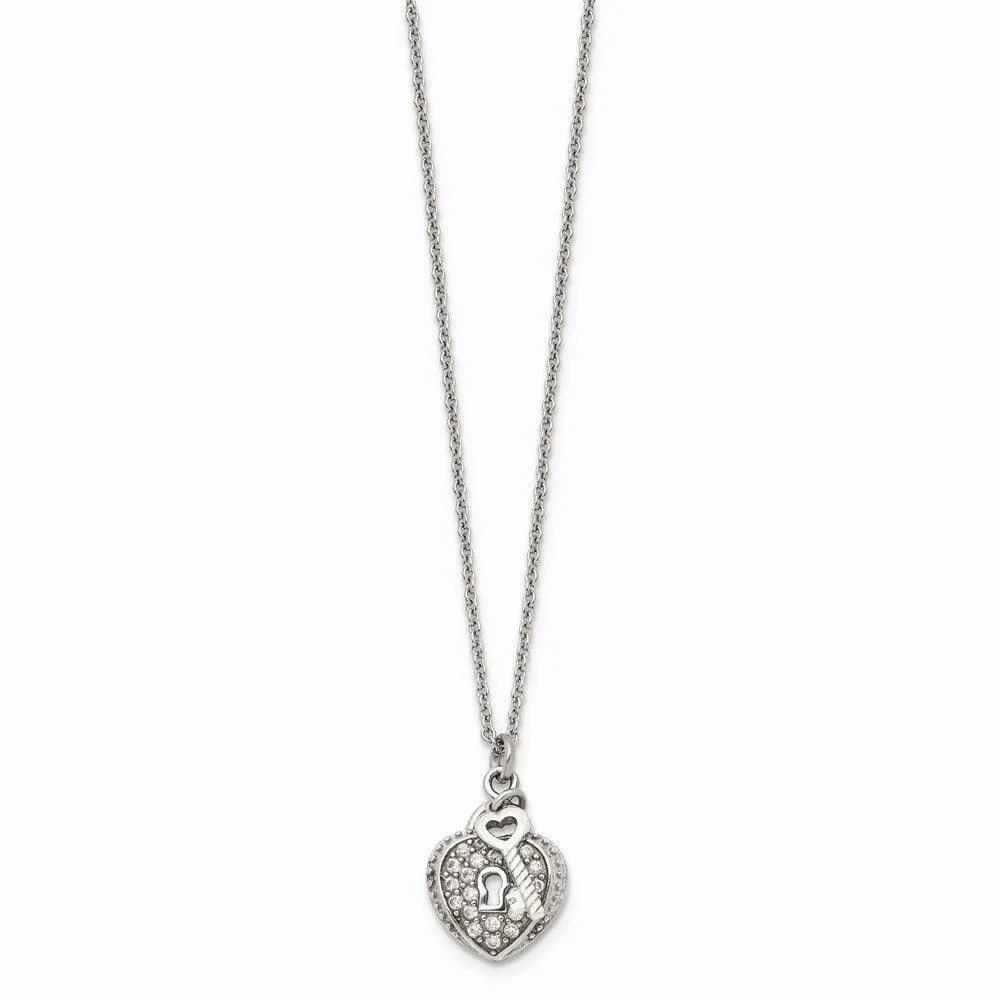 Stainless Steel CZ Heart Lock and Key Pendant Necklace