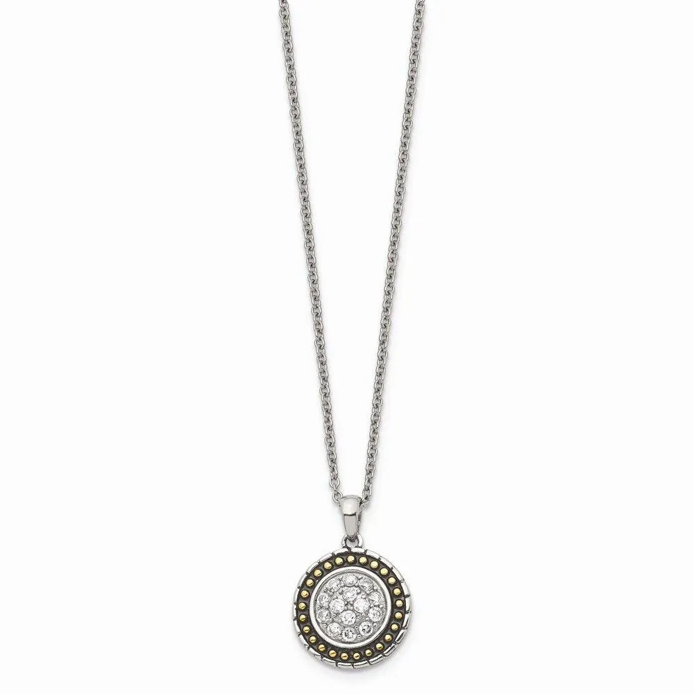 Stainless Steel CZ with Yellow IP-plated Antiqued Circle Necklace