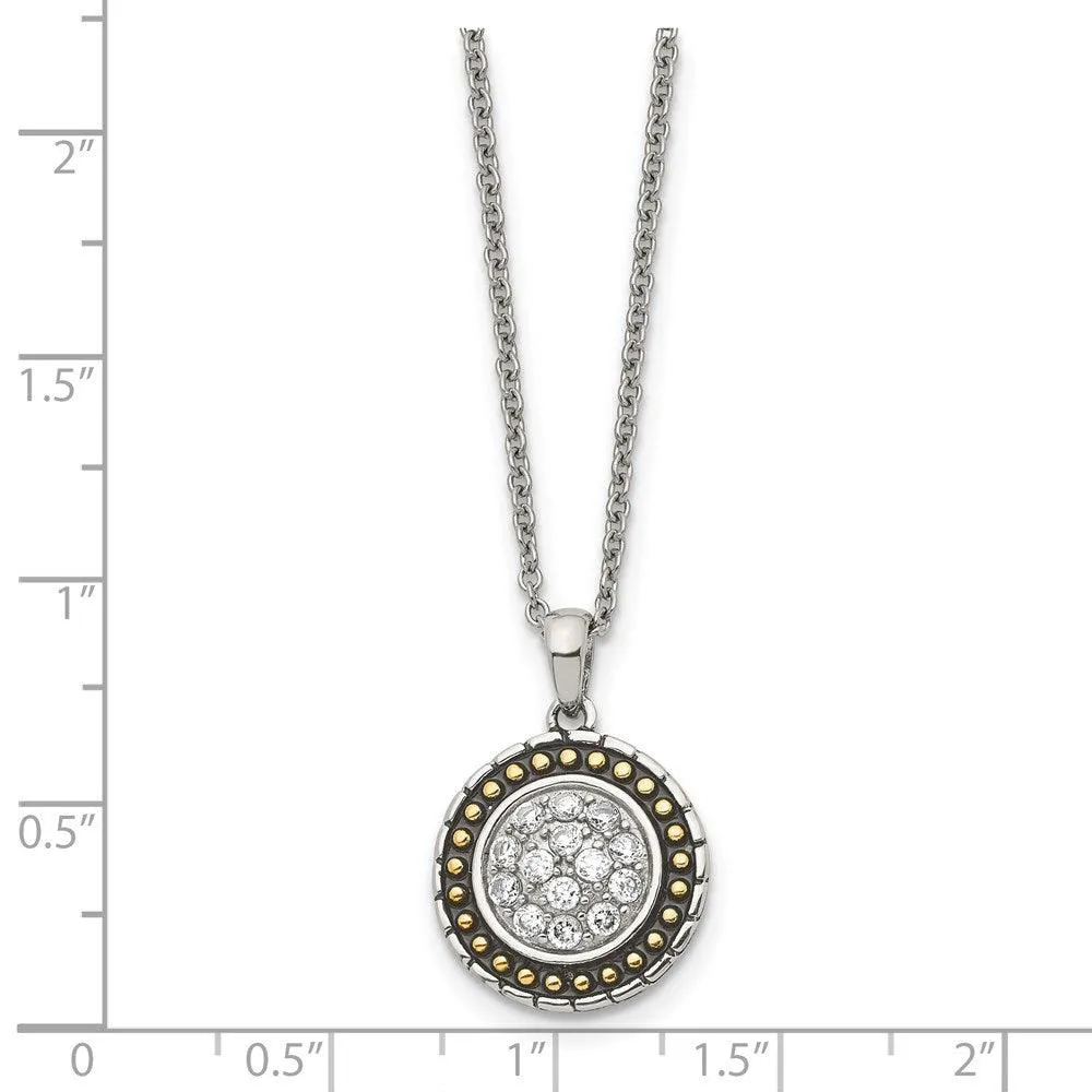Stainless Steel CZ with Yellow IP-plated Antiqued Circle Necklace