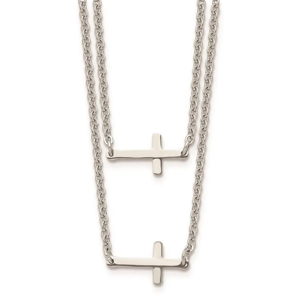 Stainless Steel Double Sideways Crosses Layered Necklace