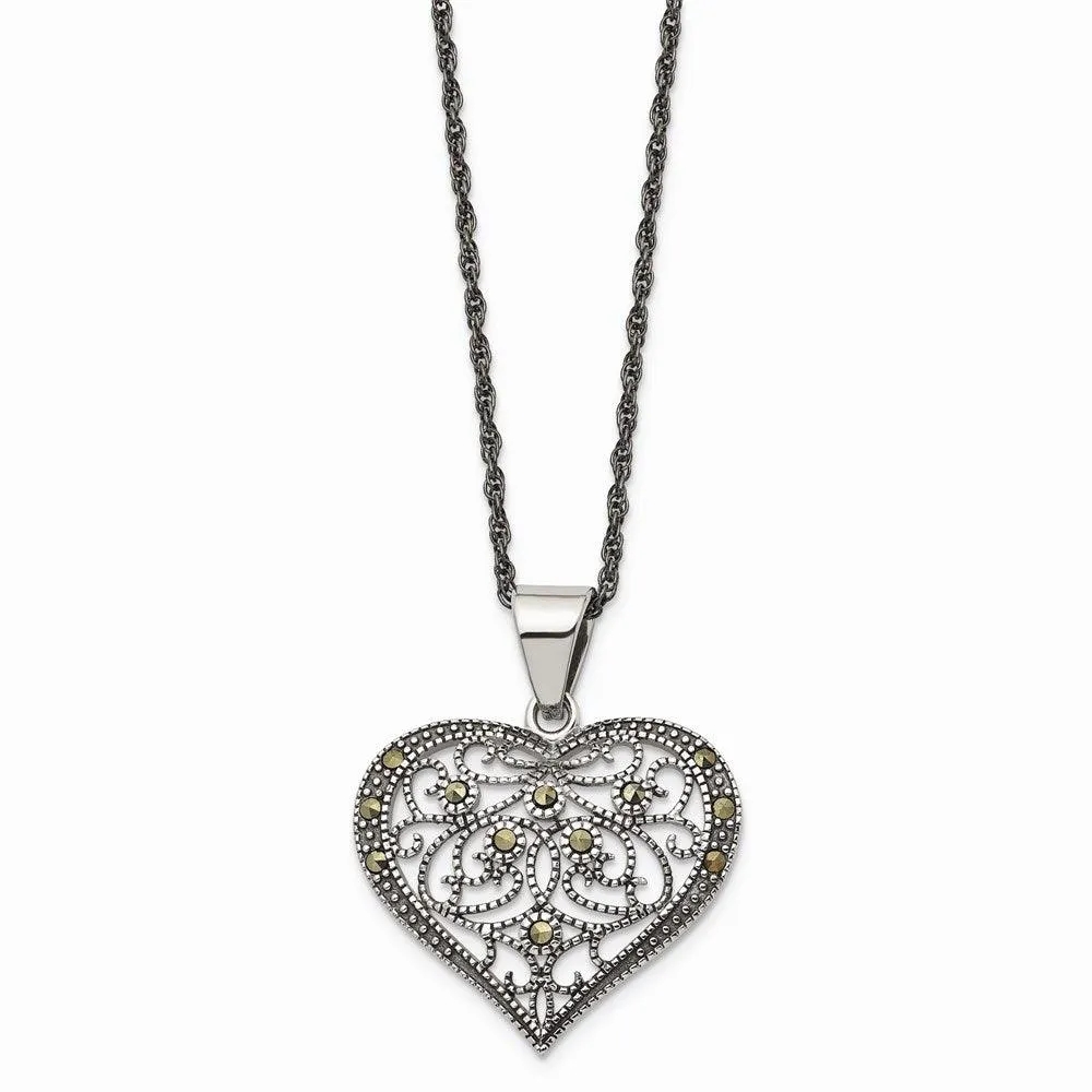 Stainless Steel Marcasite Textured Heart Necklace