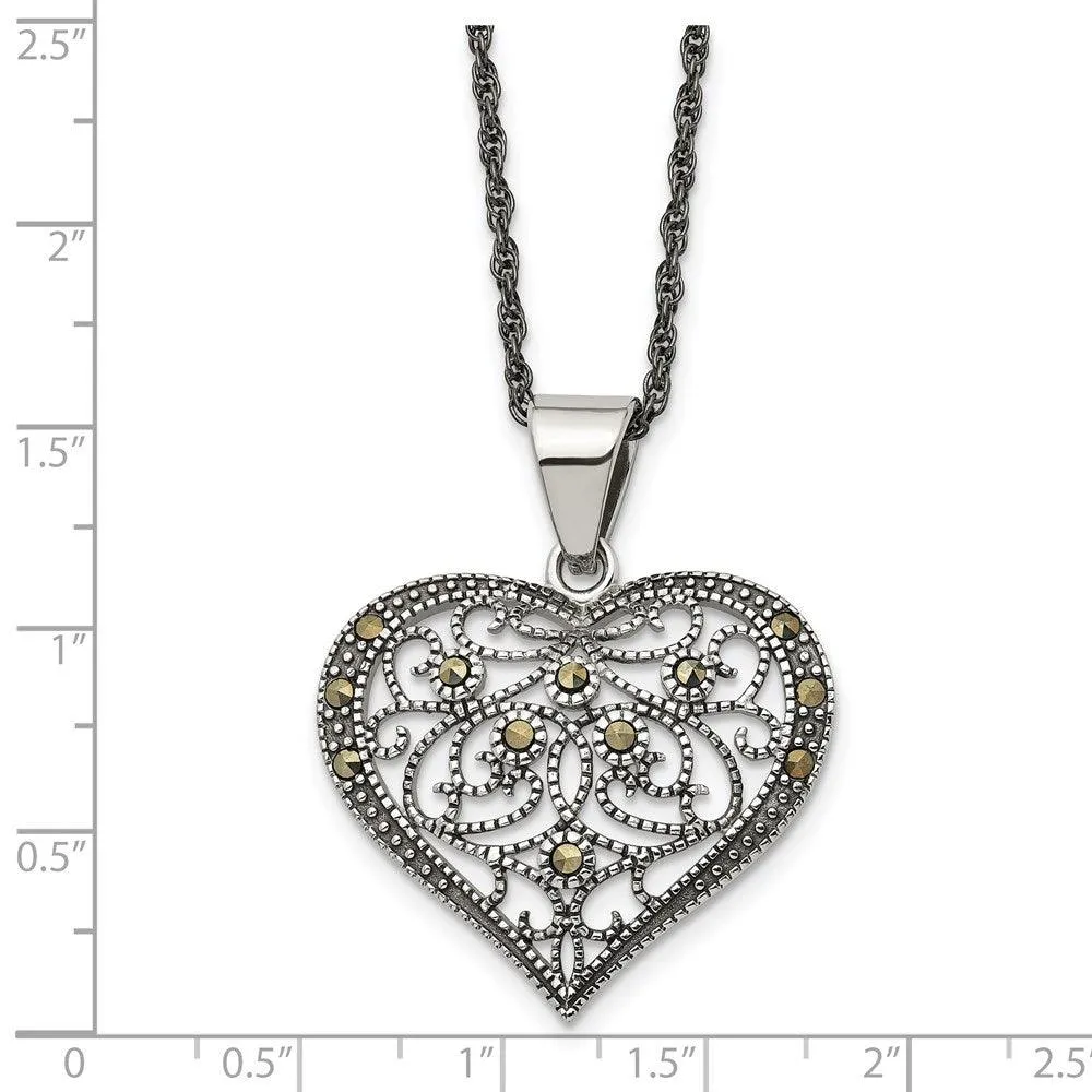 Stainless Steel Marcasite Textured Heart Necklace