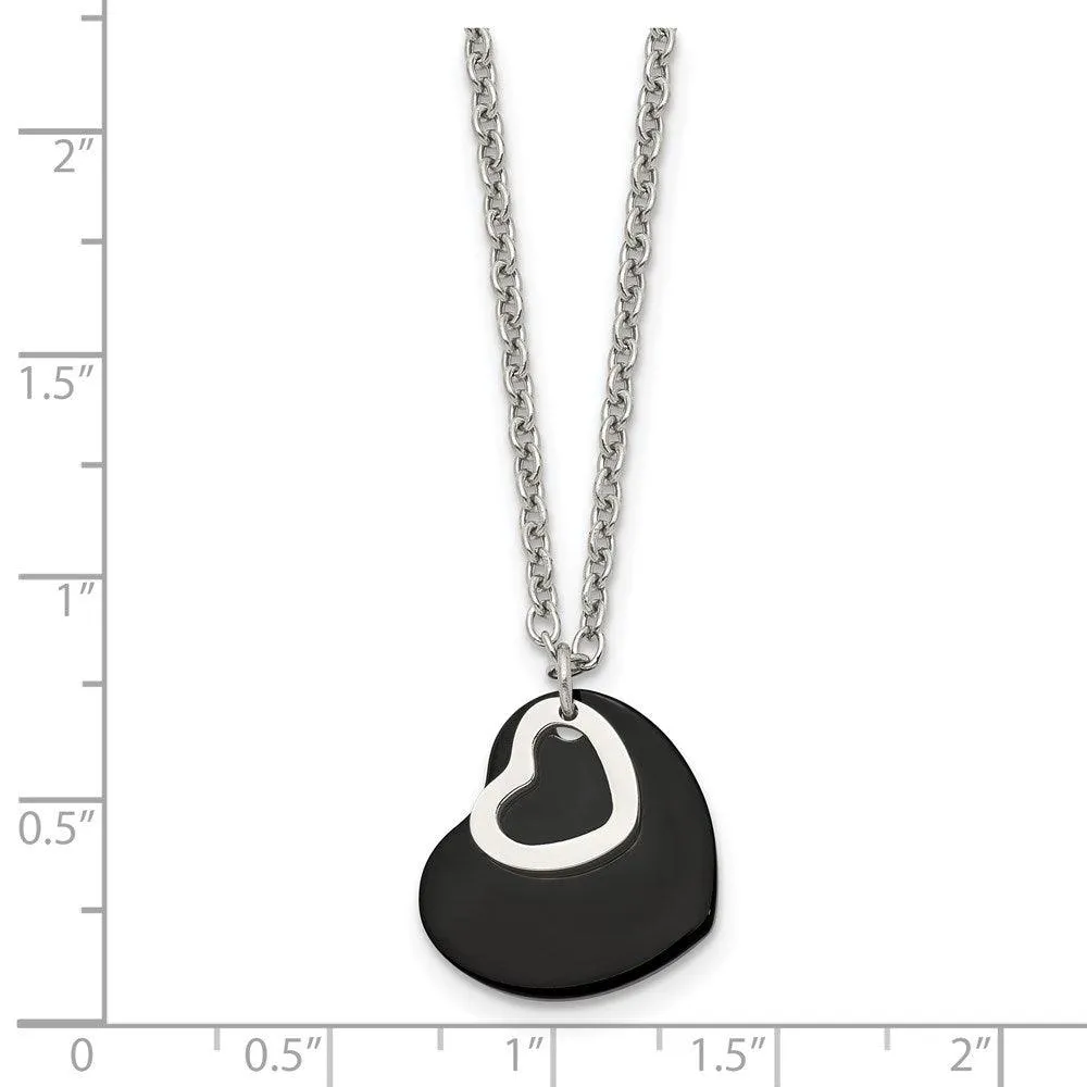 Stainless Steel Polished & Black IP-plated Heart Necklace