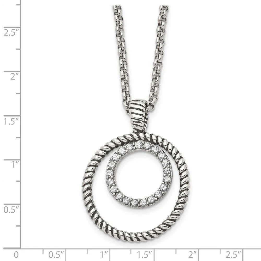 Stainless Steel Polished and Antiqued CZ Circle Necklace