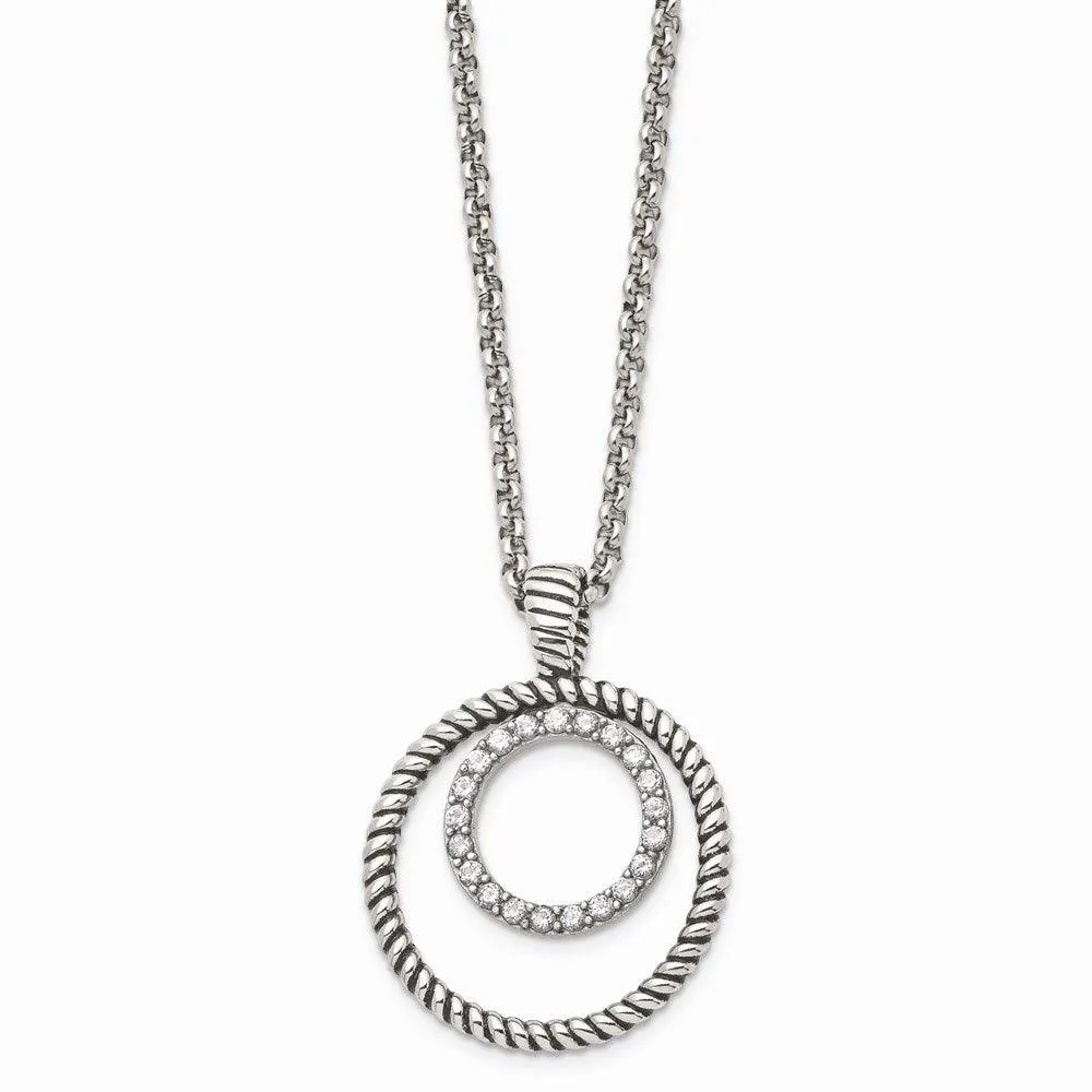 Stainless Steel Polished and Antiqued CZ Circle Necklace