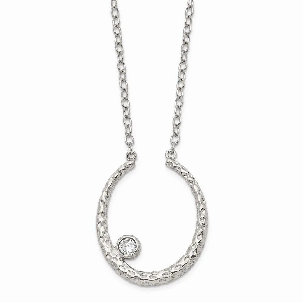 Stainless Steel Polished and Textured CZ w/2in ext. Necklace