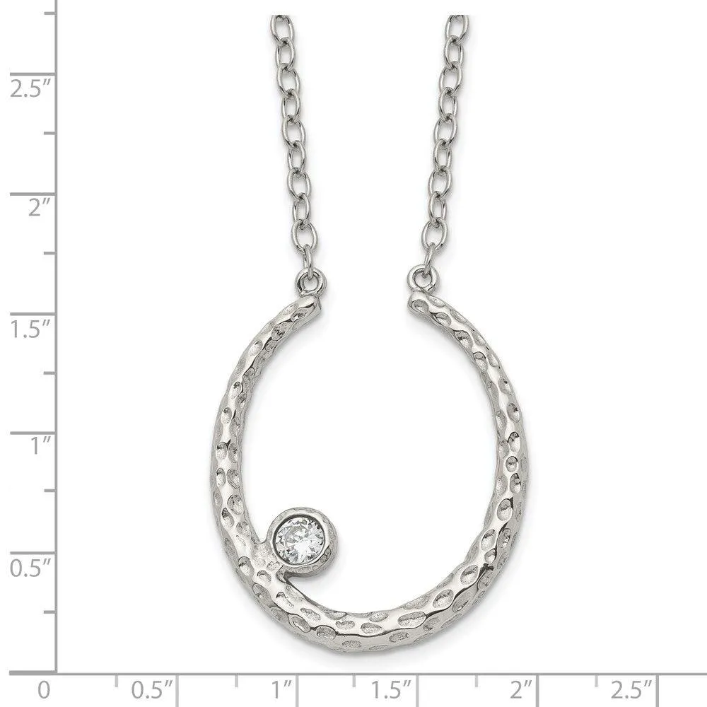 Stainless Steel Polished and Textured CZ w/2in ext. Necklace