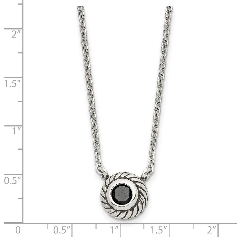 Stainless Steel Polished Black CZ Circle w/1in ext. Necklace
