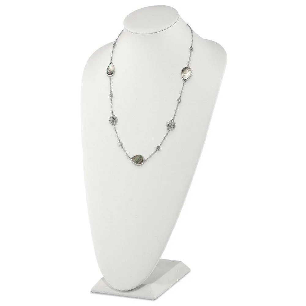 Stainless Steel Polished Black MOP/CZ w/3in ext. Necklace