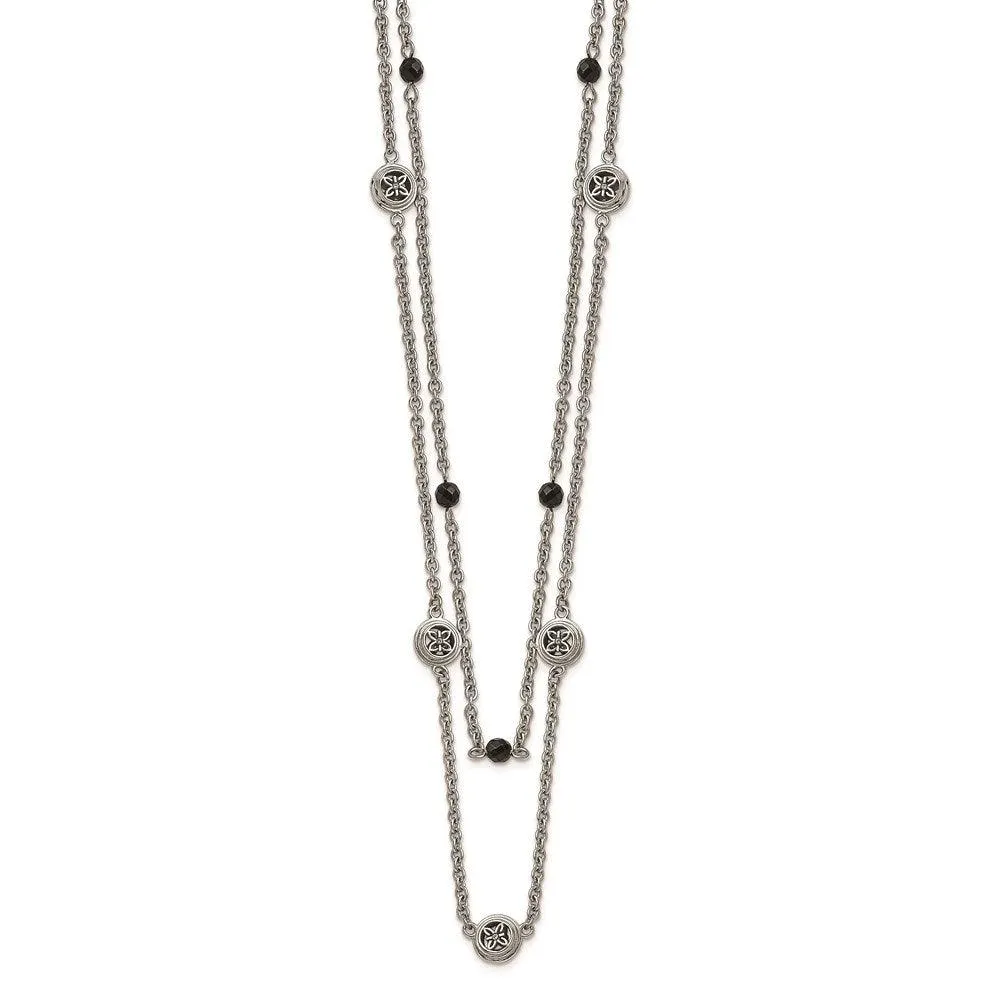 Stainless Steel Polished Black Onyx w/2in ext. Layered Necklace