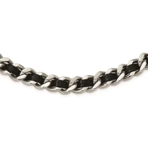 Stainless Steel Polished Blk Leather w/2in. Ext. Curb Choker Necklace