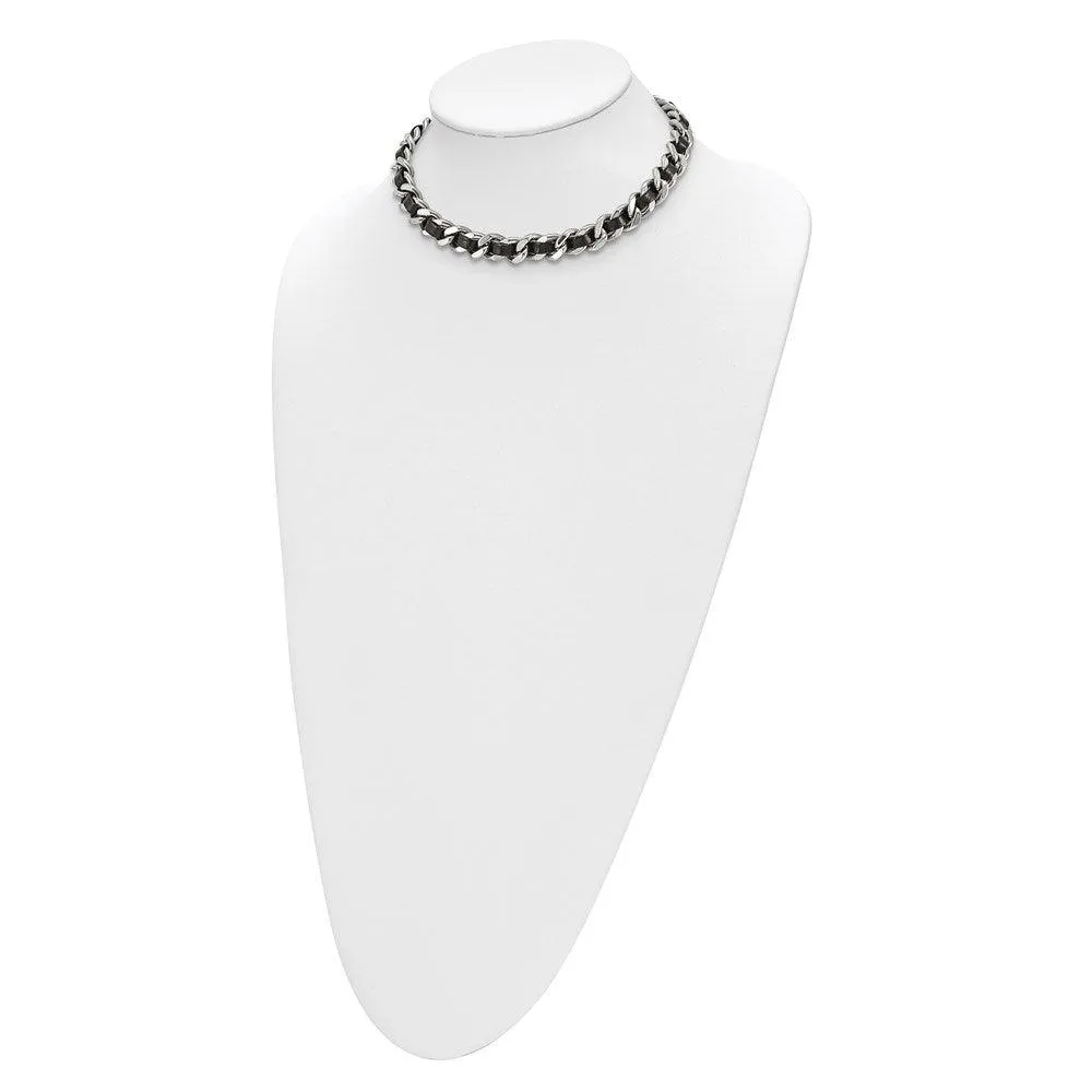 Stainless Steel Polished Blk Leather w/2in. Ext. Curb Choker Necklace