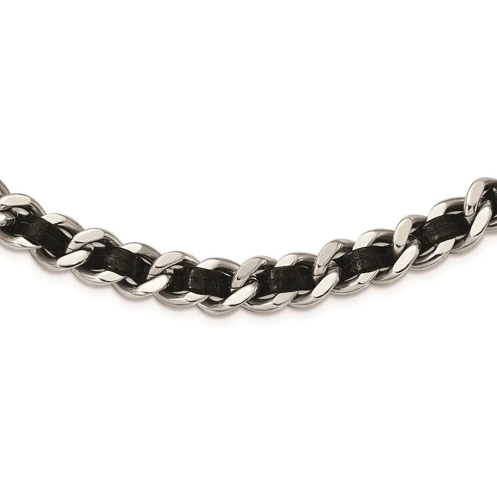 Stainless Steel Polished Blk Leather w/2in. Ext. Curb Choker Necklace