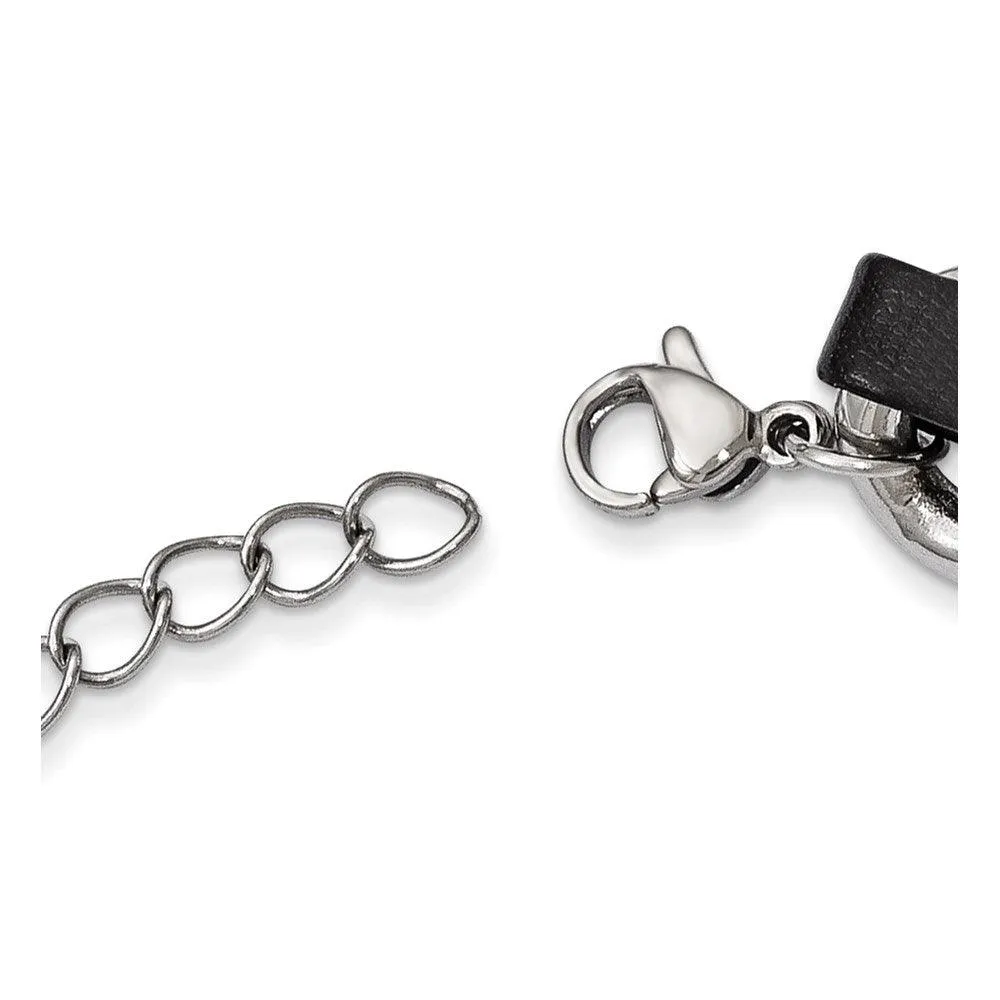 Stainless Steel Polished Blk Leather w/2in. Ext. Curb Choker Necklace