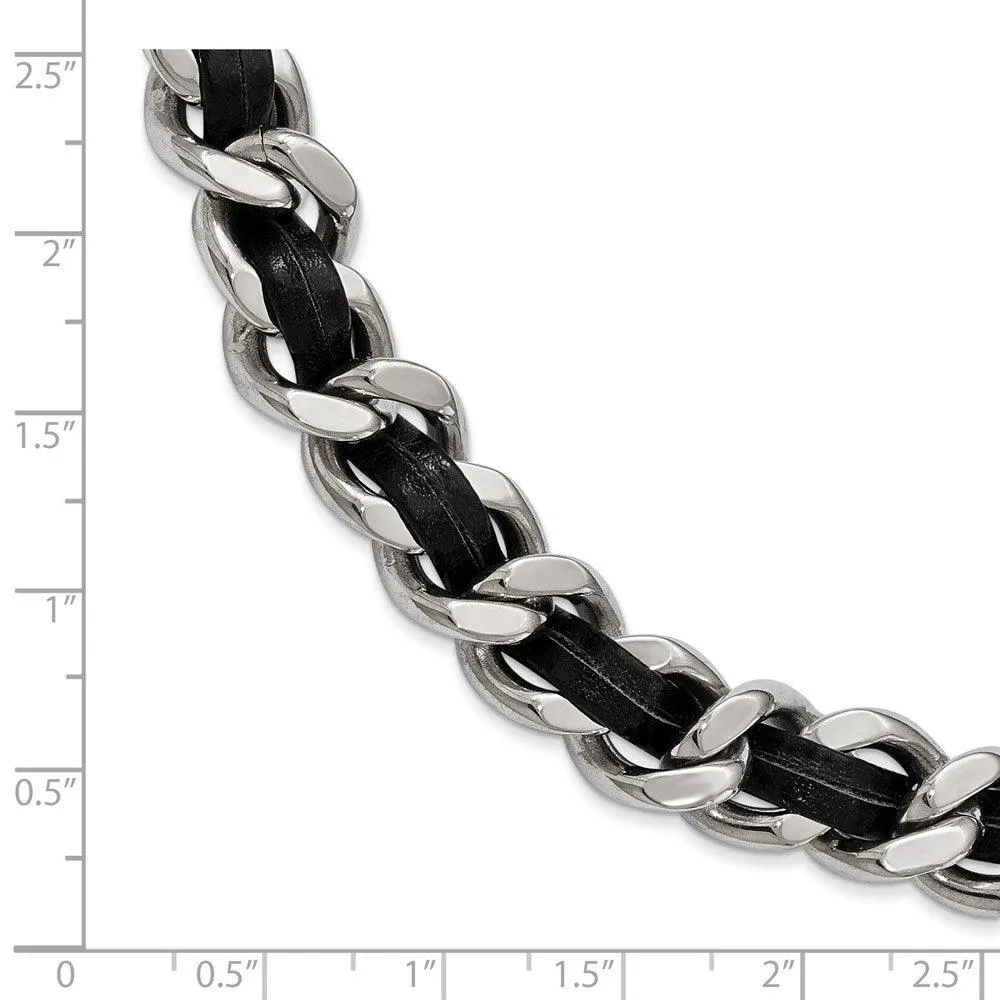 Stainless Steel Polished Blk Leather w/2in. Ext. Curb Choker Necklace