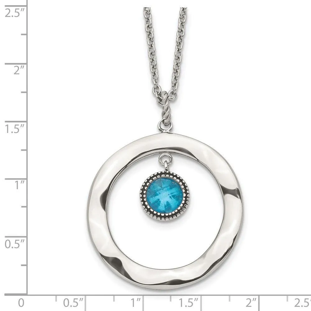 Stainless Steel Polished Blue Glass Circle w/ 2in ext. Necklace