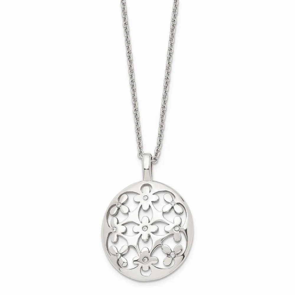 Stainless Steel Polished Circle w/CZ w/2in ext. Necklace