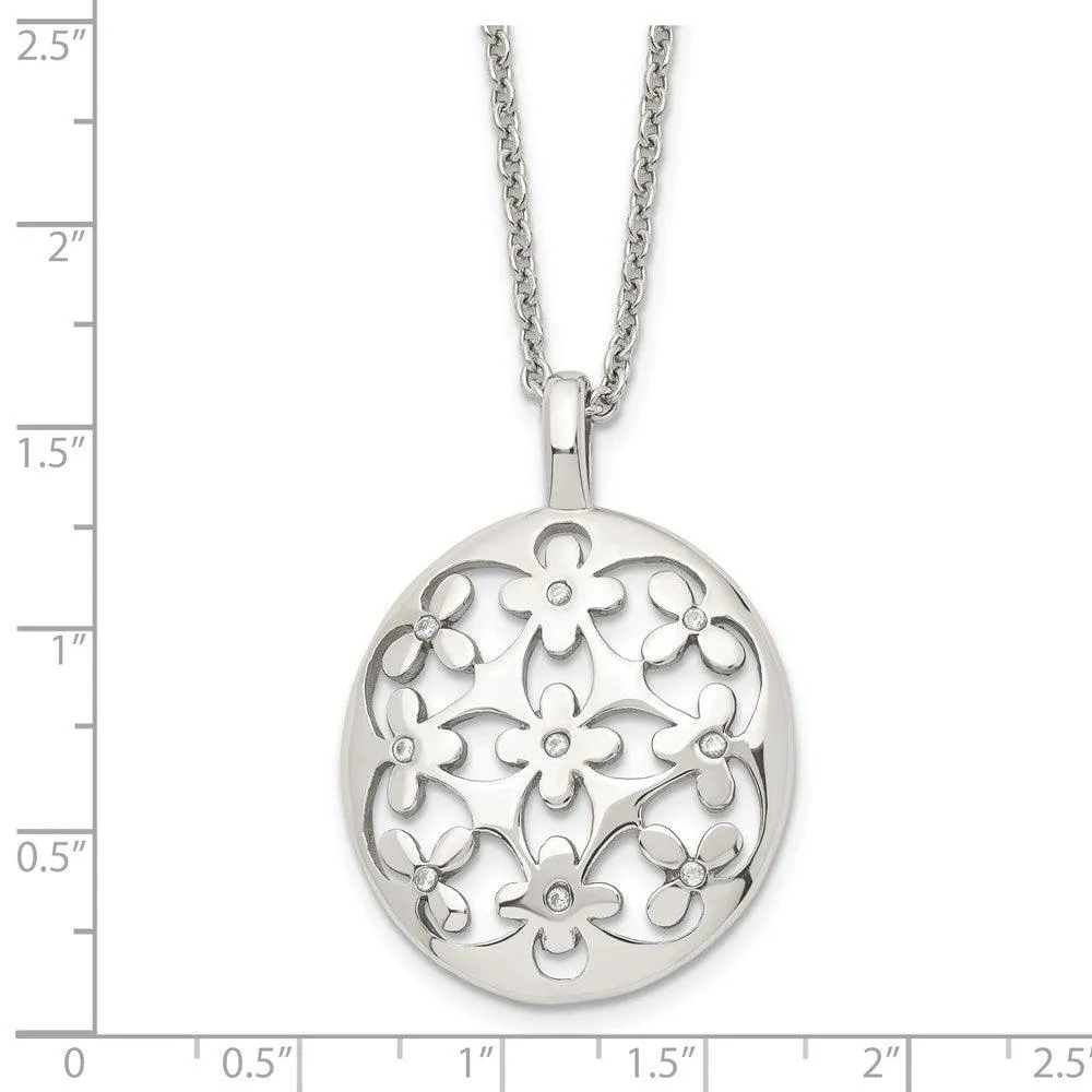 Stainless Steel Polished Circle w/CZ w/2in ext. Necklace