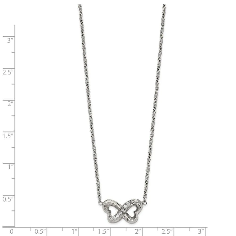 Stainless Steel Polished CZ Interlocking Hearts with 2in. Ext. Necklace