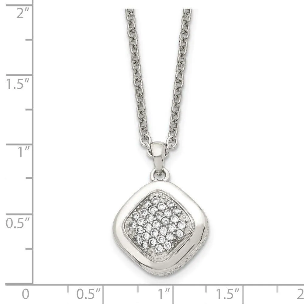 Stainless Steel Polished CZ Square w/2in ext. Necklace