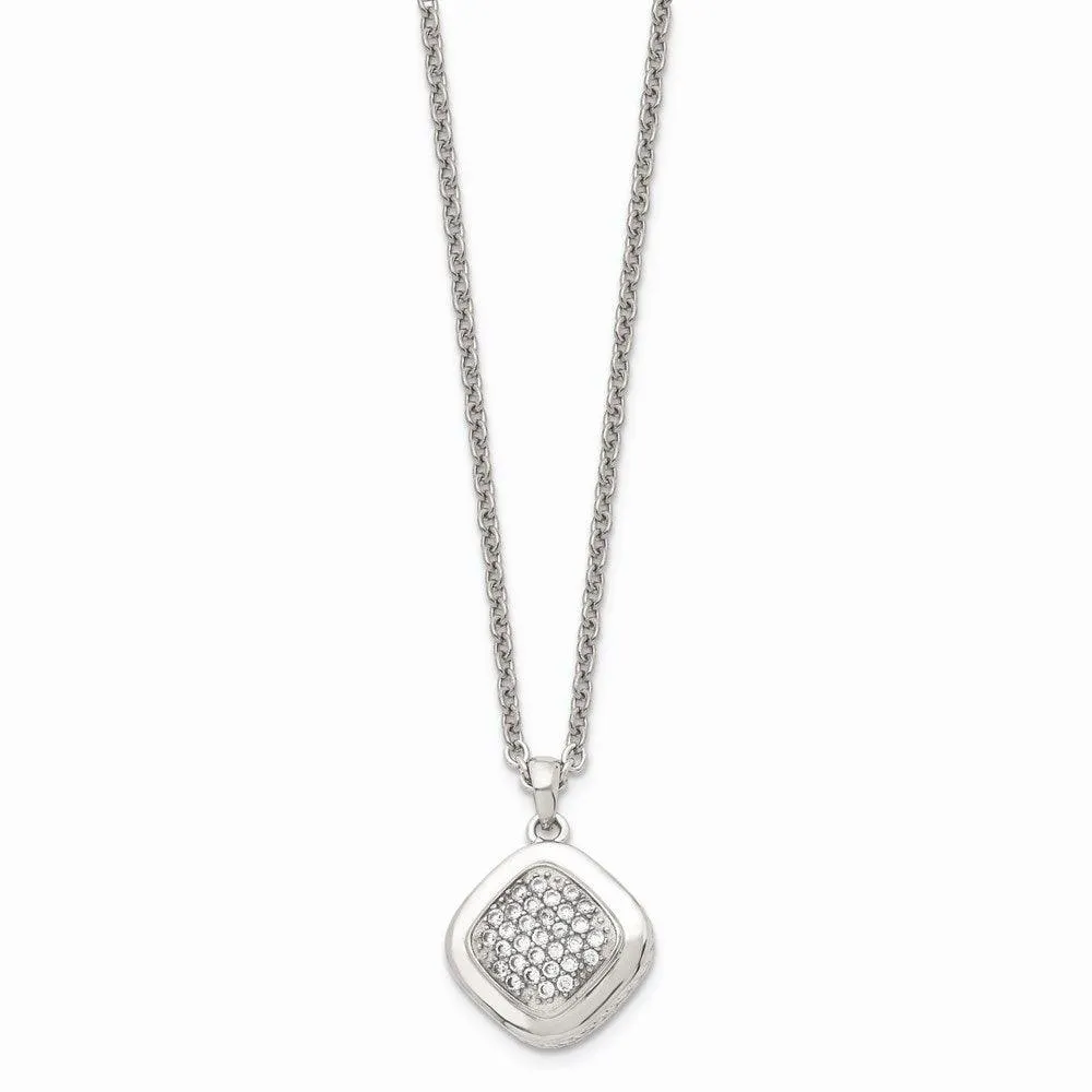 Stainless Steel Polished CZ Square w/2in ext. Necklace