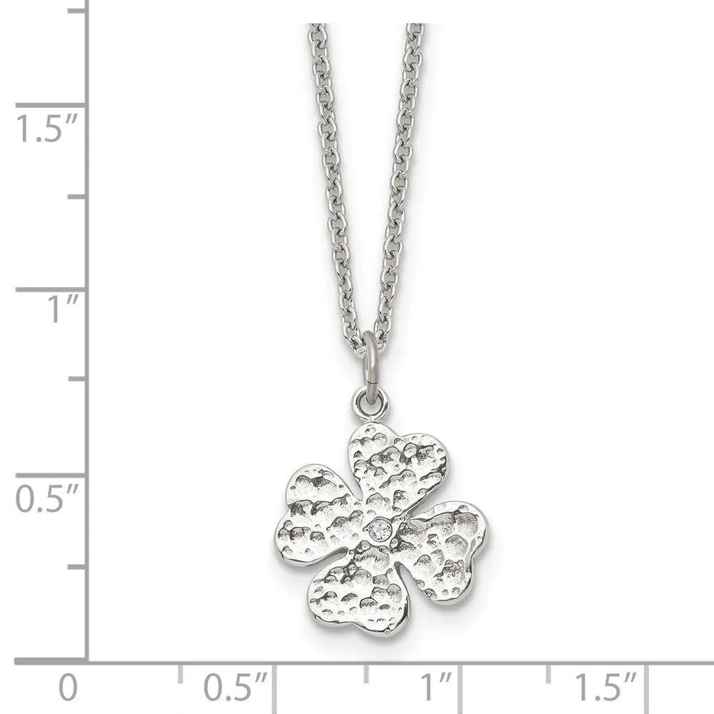 Stainless Steel Polished Four Leaf Clover with Crystal Necklace