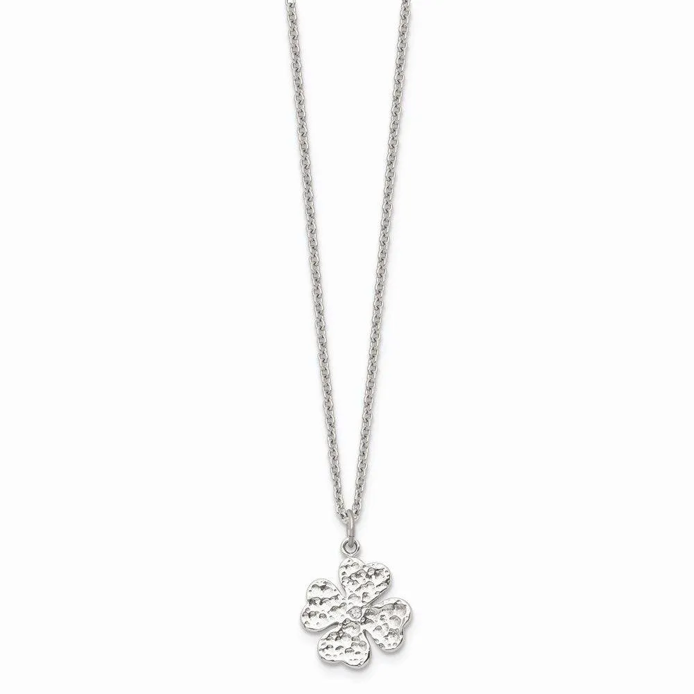Stainless Steel Polished Four Leaf Clover with Crystal Necklace