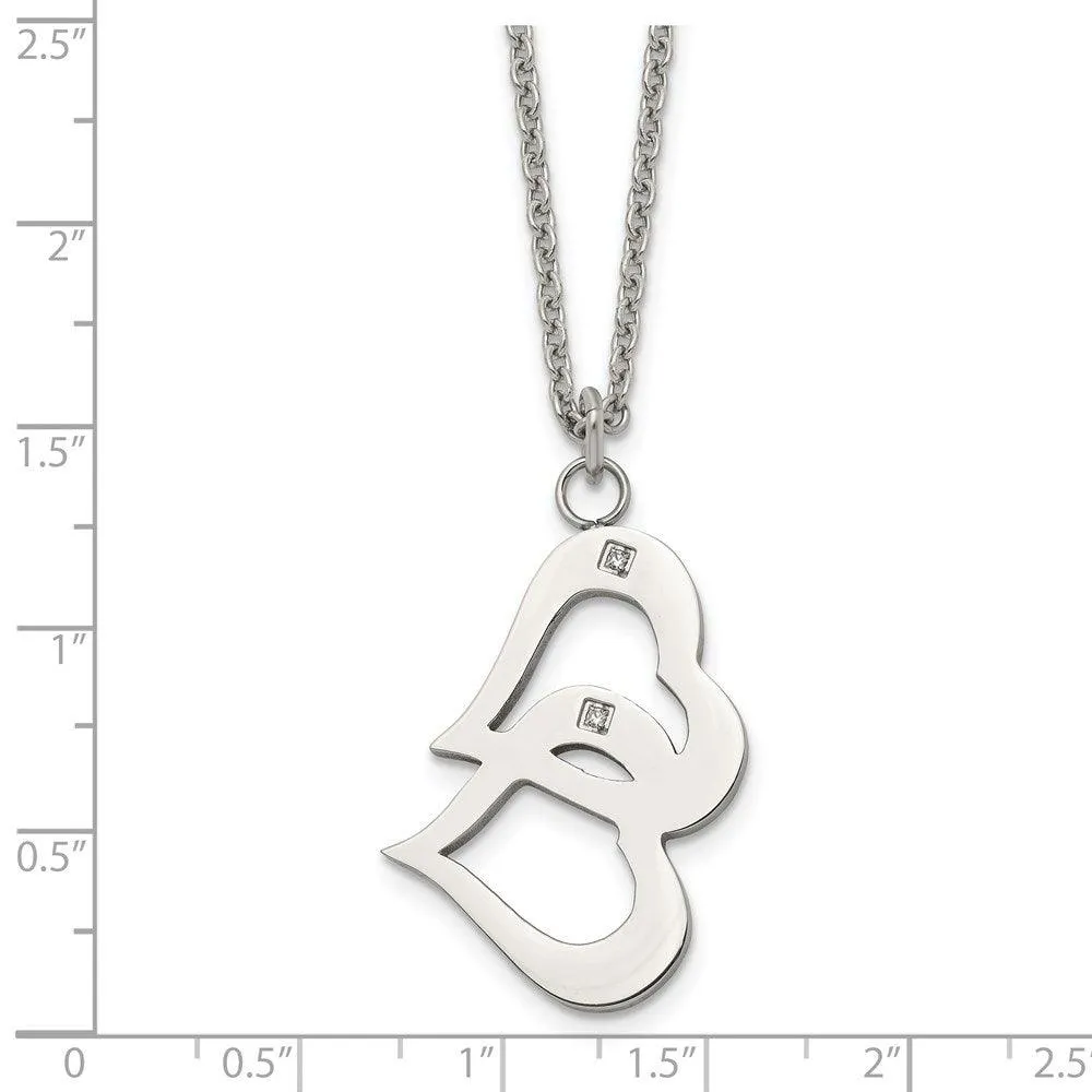 Stainless Steel Polished Hearts and CZs w/2in ext Necklace