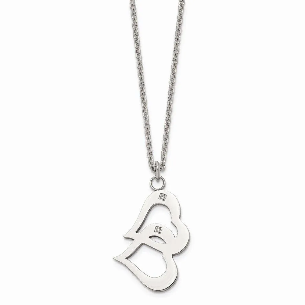 Stainless Steel Polished Hearts and CZs w/2in ext Necklace