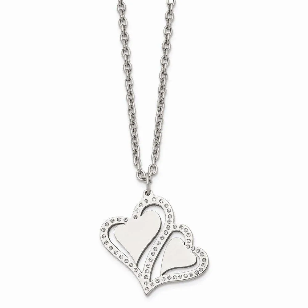 Stainless Steel Polished Hearts with Crystals w/ 2.25in. Ext. Necklace