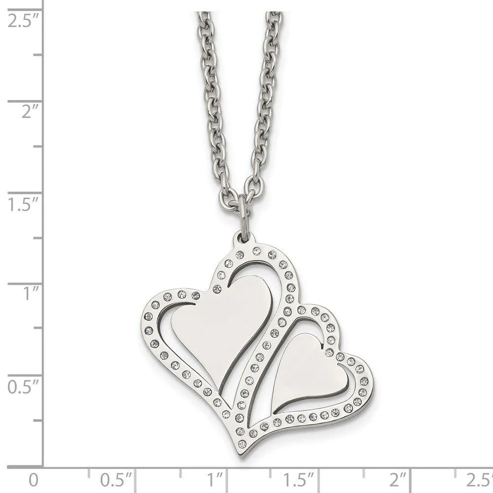 Stainless Steel Polished Hearts with Crystals w/ 2.25in. Ext. Necklace