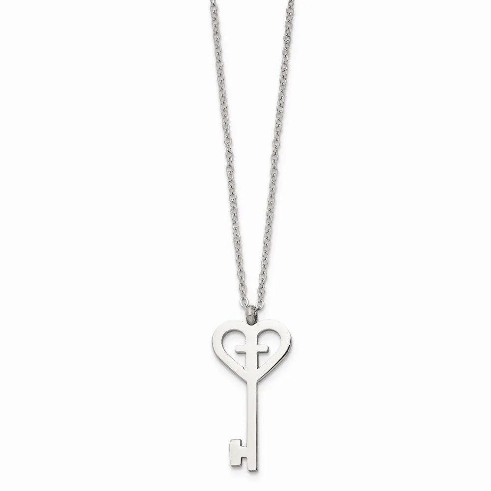 Stainless Steel Polished Key with Cross Necklace