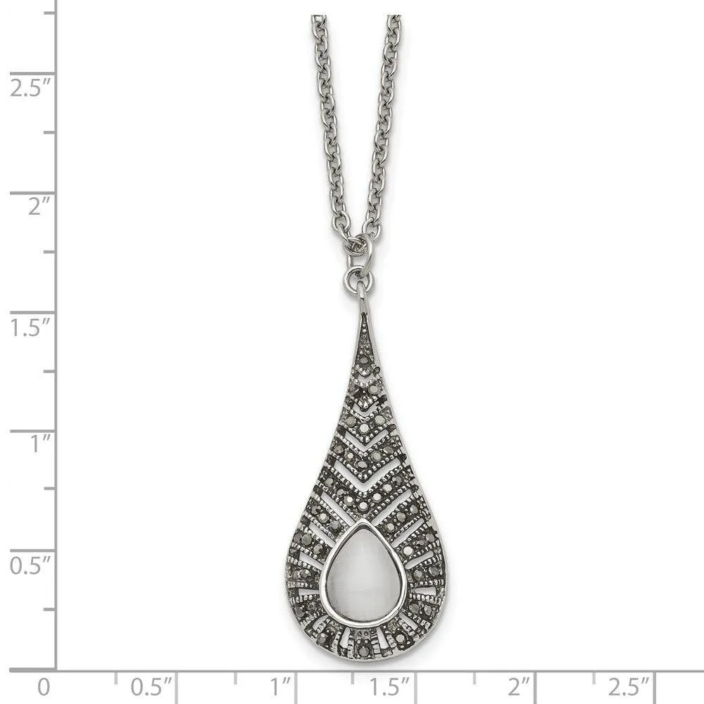 Stainless Steel Polished Marcasite Cat's Eye Necklace