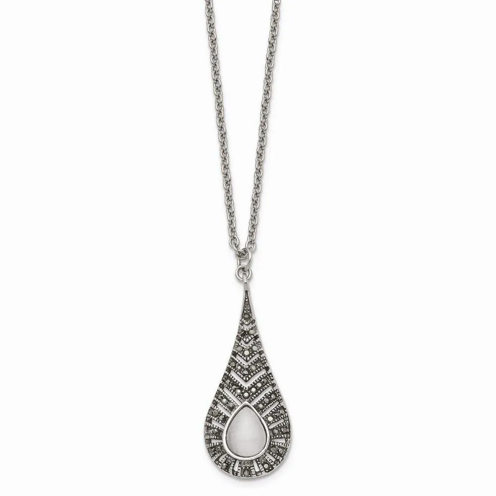 Stainless Steel Polished Marcasite Cat's Eye Necklace