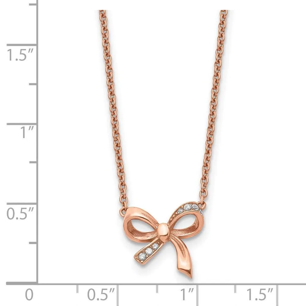Stainless Steel Polished Pink IP plated CZ Bow with 1.75in ext. Necklace