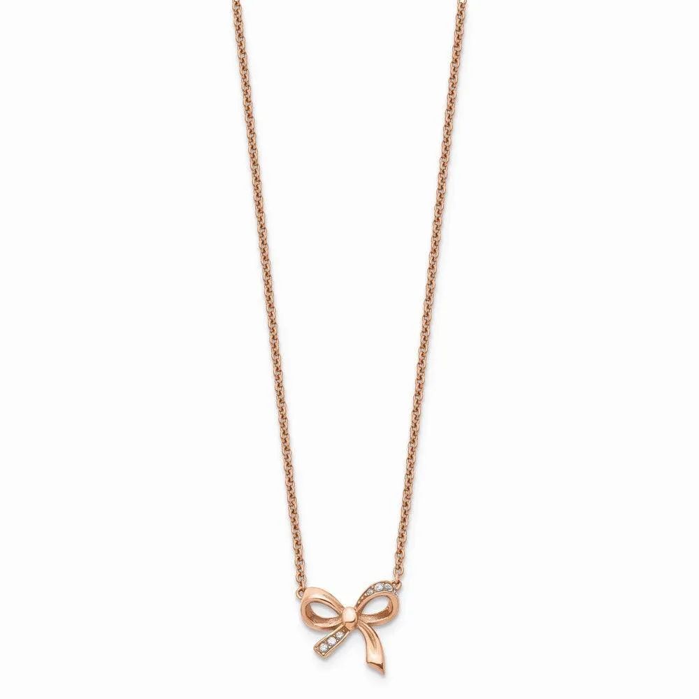 Stainless Steel Polished Pink IP plated CZ Bow with 1.75in ext. Necklace