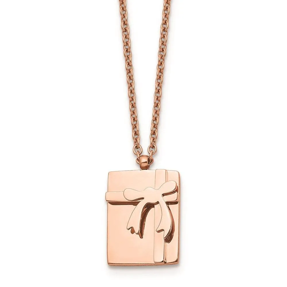 Stainless Steel Polished Pink IP plated Package & Bow with 2.5in ext. Neck