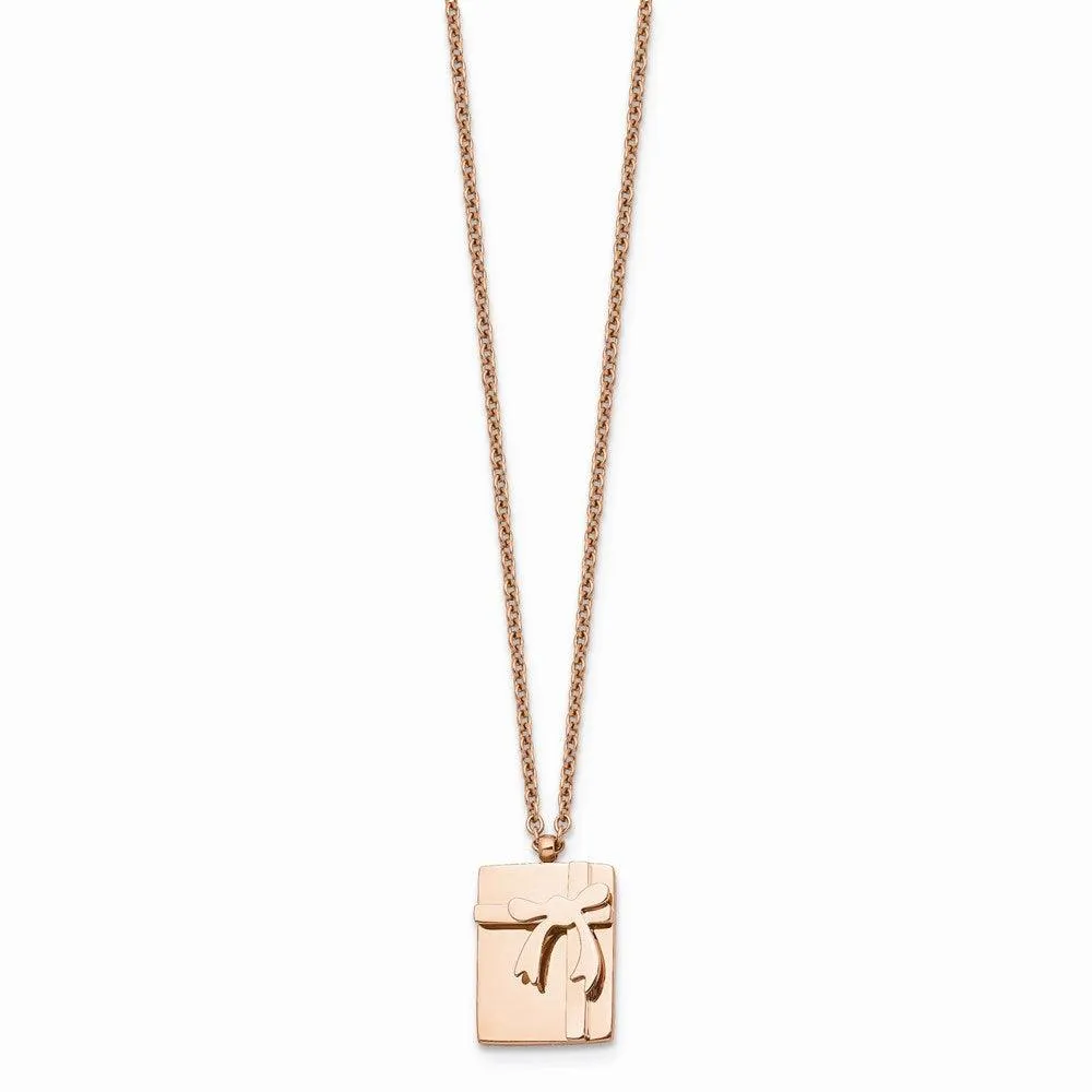 Stainless Steel Polished Pink IP plated Package & Bow with 2.5in ext. Neck