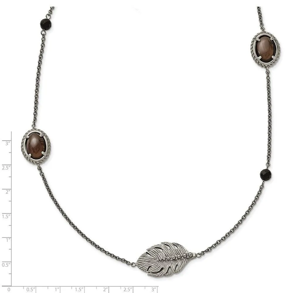 Stainless Steel Polished Smoky Quartz/Black Onyx w/2in ext. Necklace