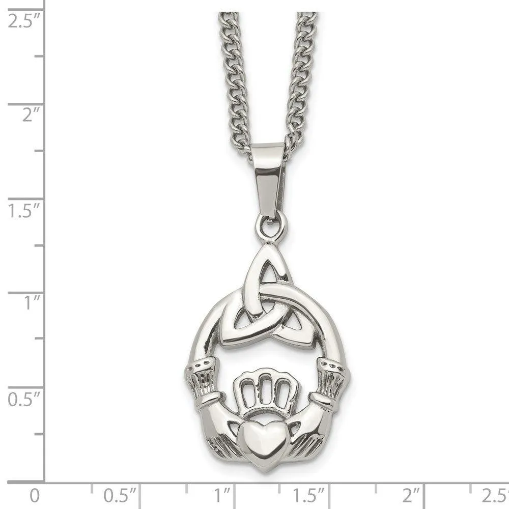 Stainless Steel Polished Trinity Knot and Claddagh Necklace