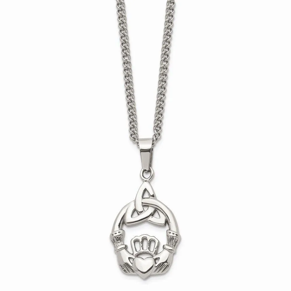 Stainless Steel Polished Trinity Knot and Claddagh Necklace
