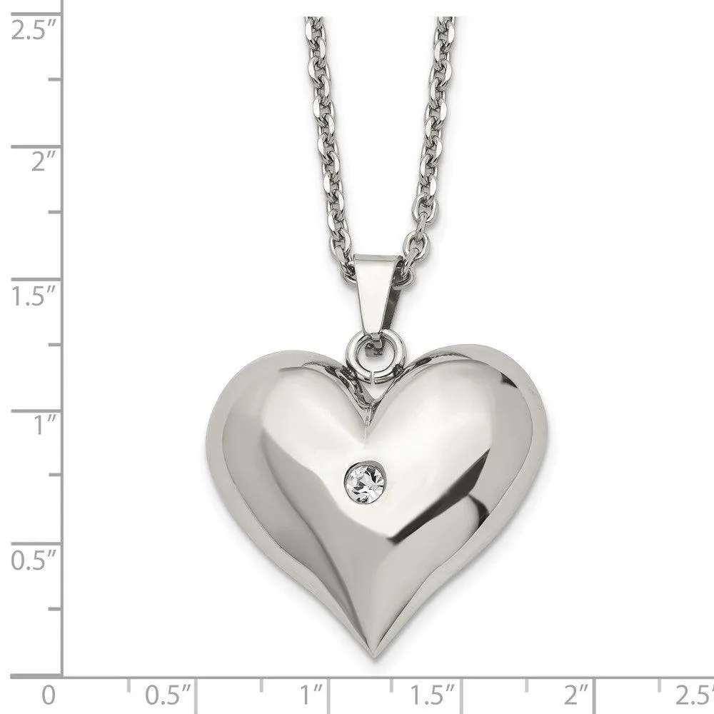 Stainless Steel Polished w/ Crystal Heart Necklace