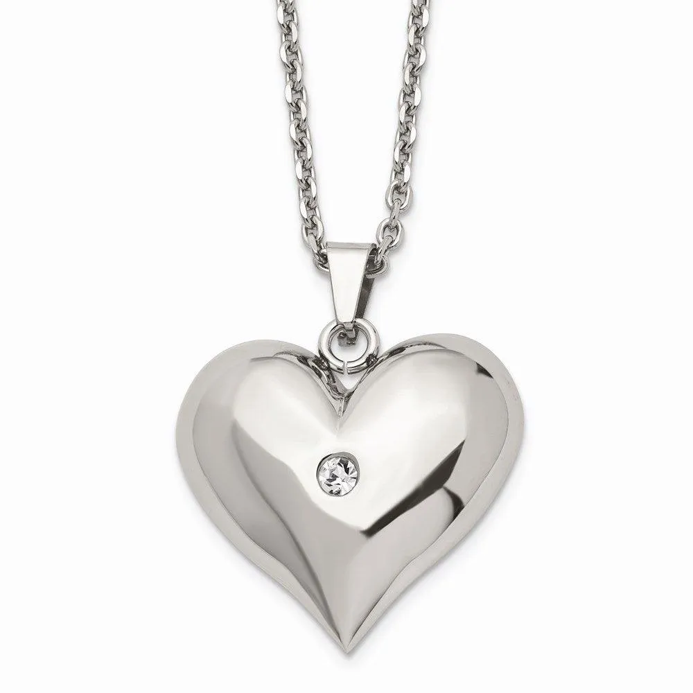 Stainless Steel Polished w/ Crystal Heart Necklace